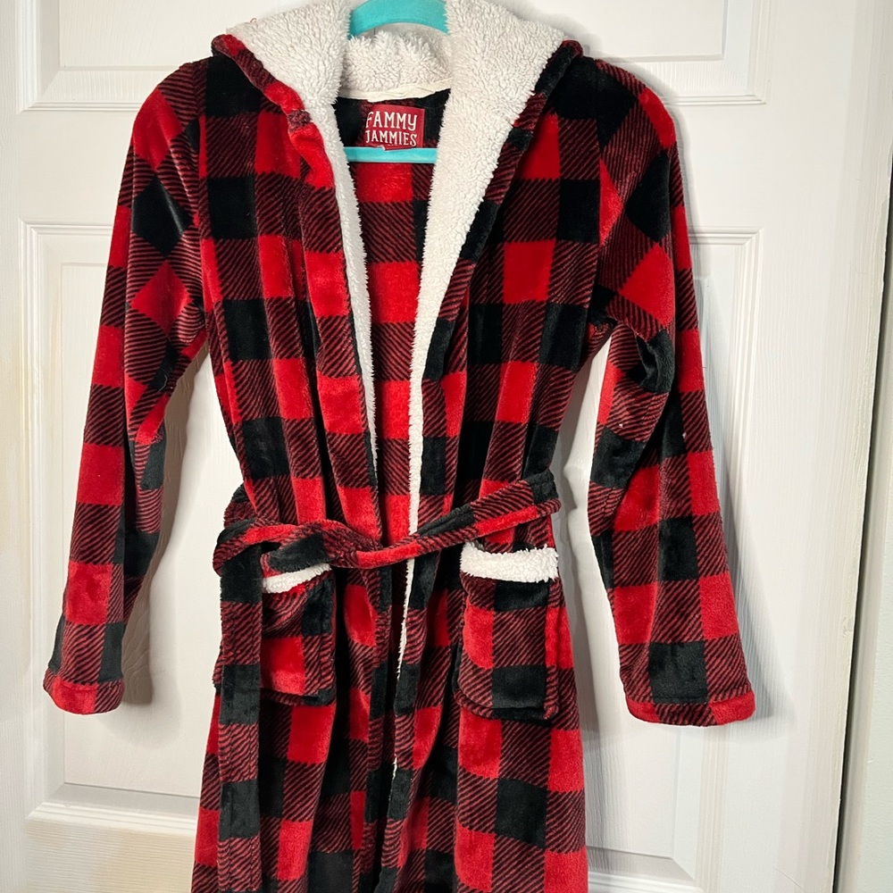 Fammy Jammies Girls Buffalo Plaid Robe M 10-12 L 14 Sherpa Hooded